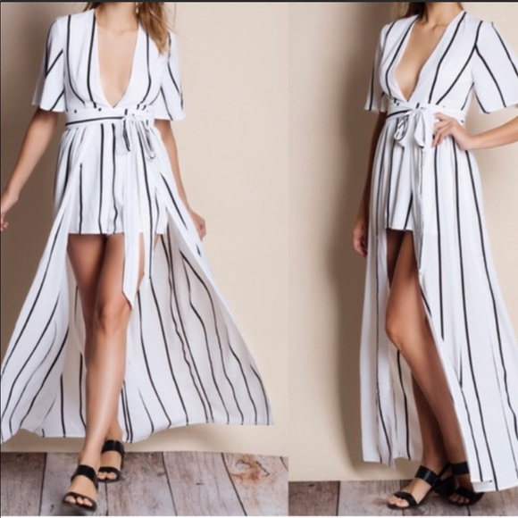 Black and white striped maxi romper short sleeves - Picture 3 of 7